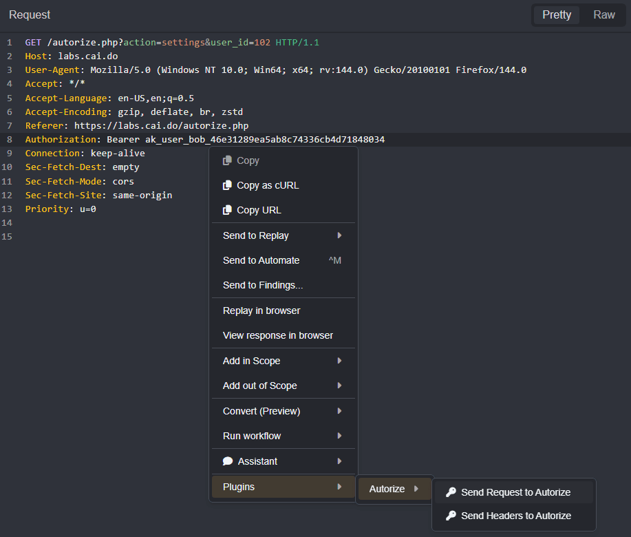 The Send Request to Autorize option.