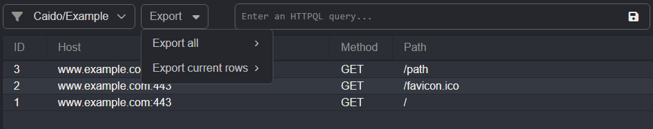 Export drop-down menu options.