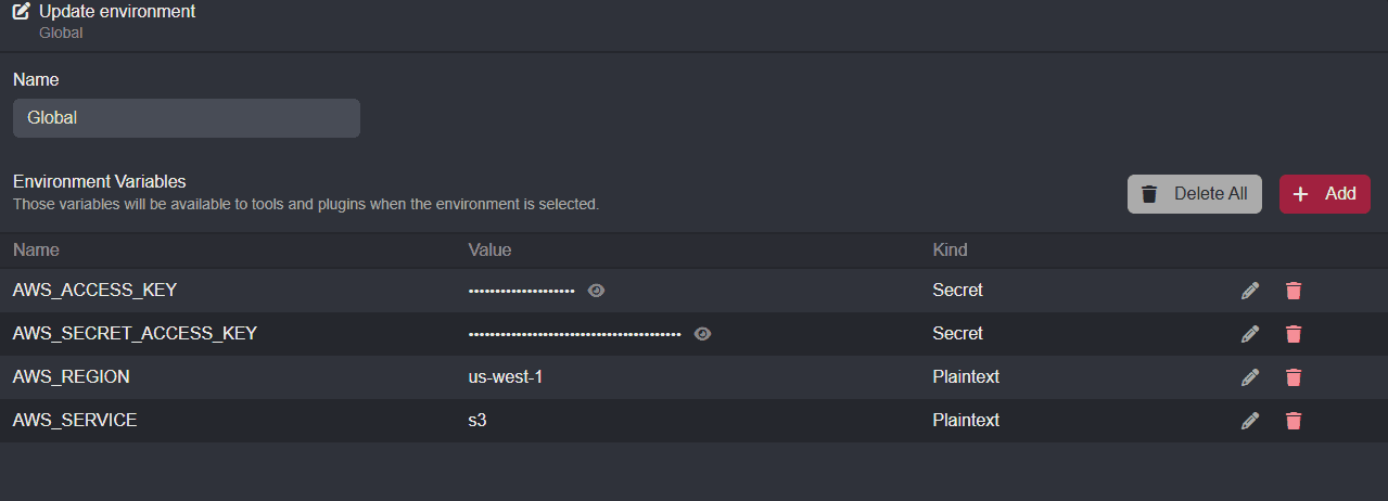 The AWS environment variables.