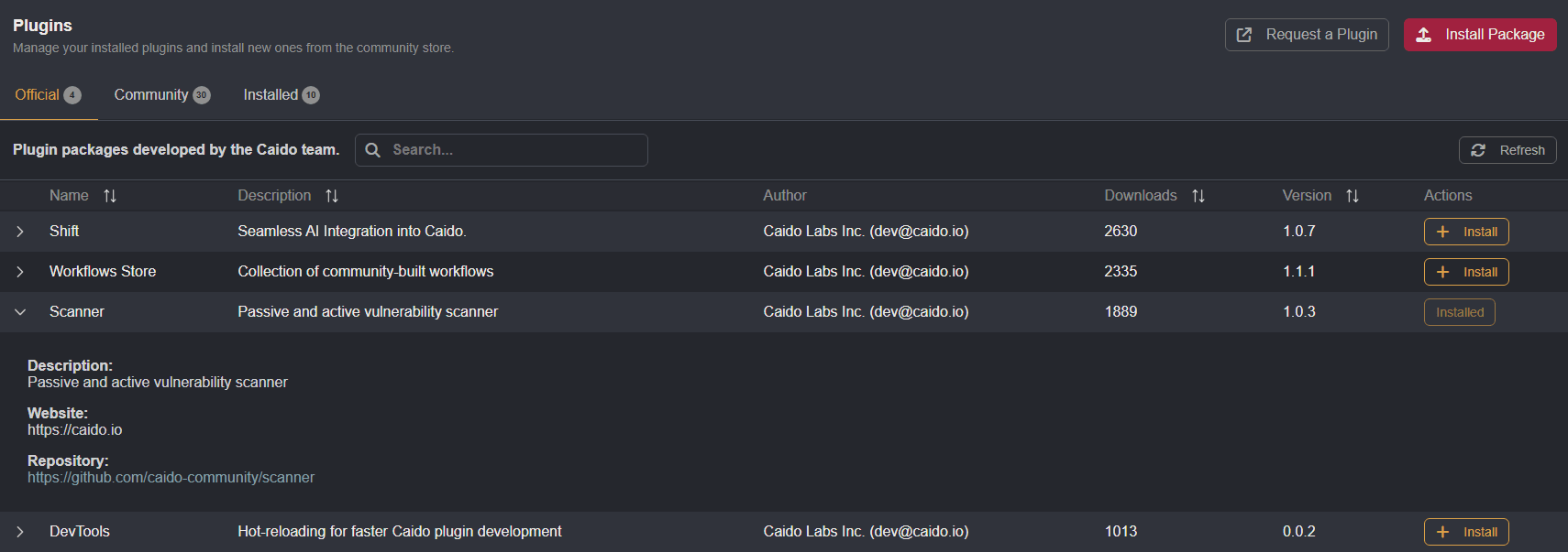 The Scanner plugin listed in the Official tab.