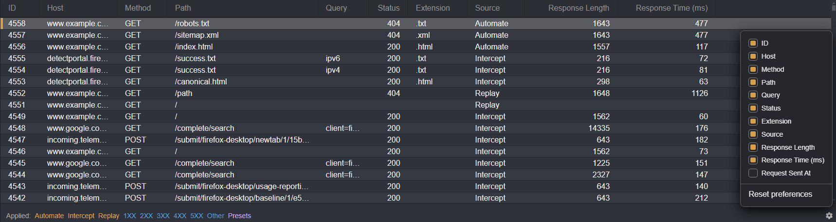 Column inclusion/exclusion options menu.
