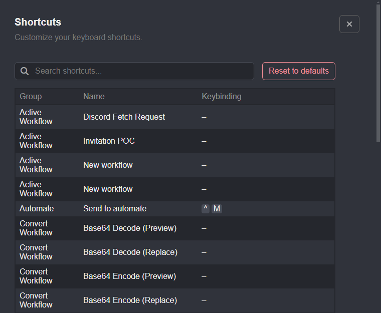 Shortcuts interface.